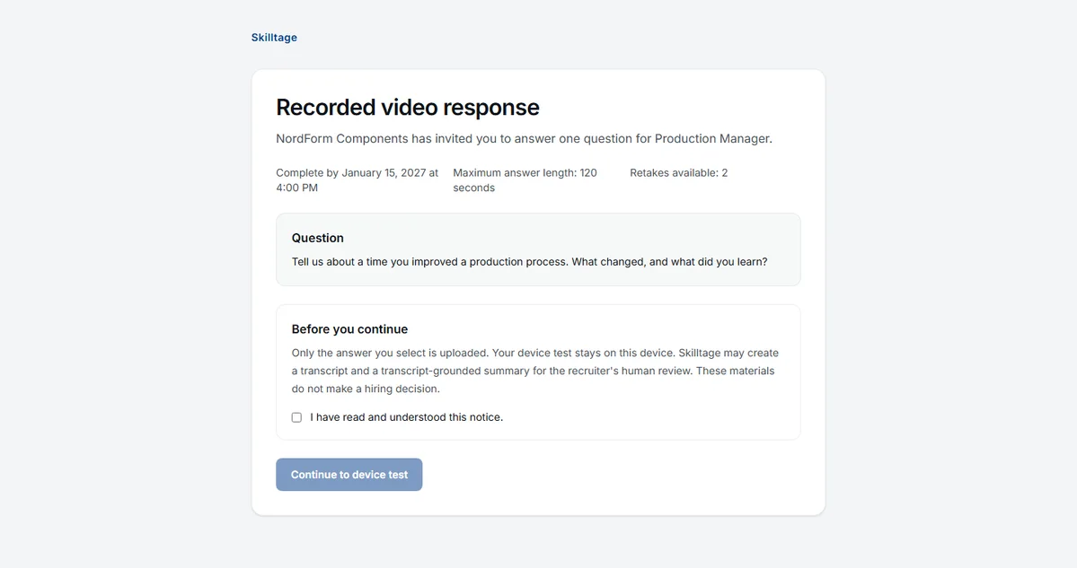 Syntetisk Skilltage-visning af et videointerview med ét spørgsmål, svargrænser og information om behandling